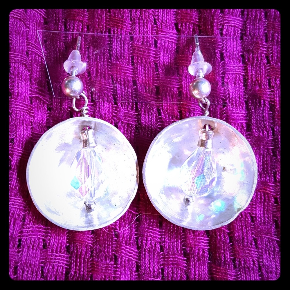 Hammered silver dome earrings with Crystal bead